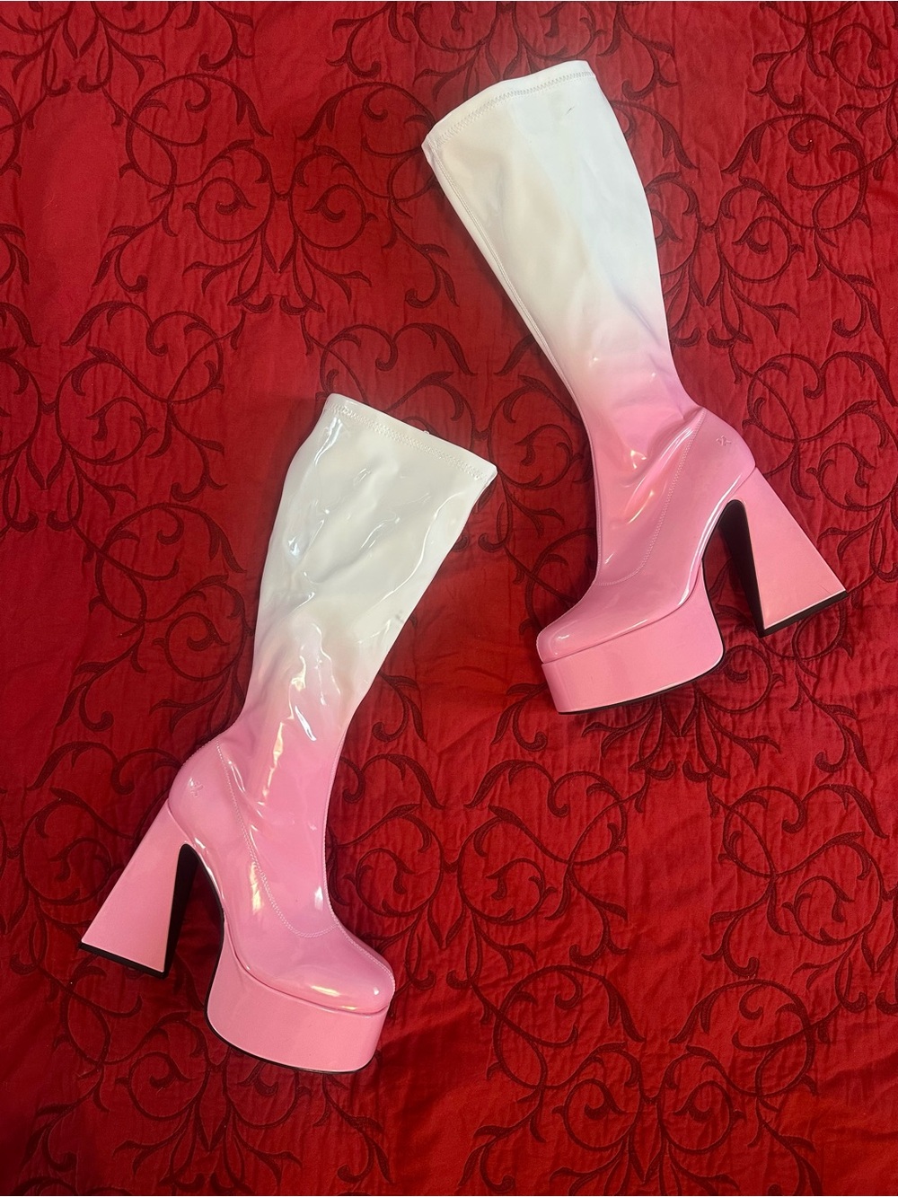 Dolls Kill Pink and White Patent Platform Knee-High Boots